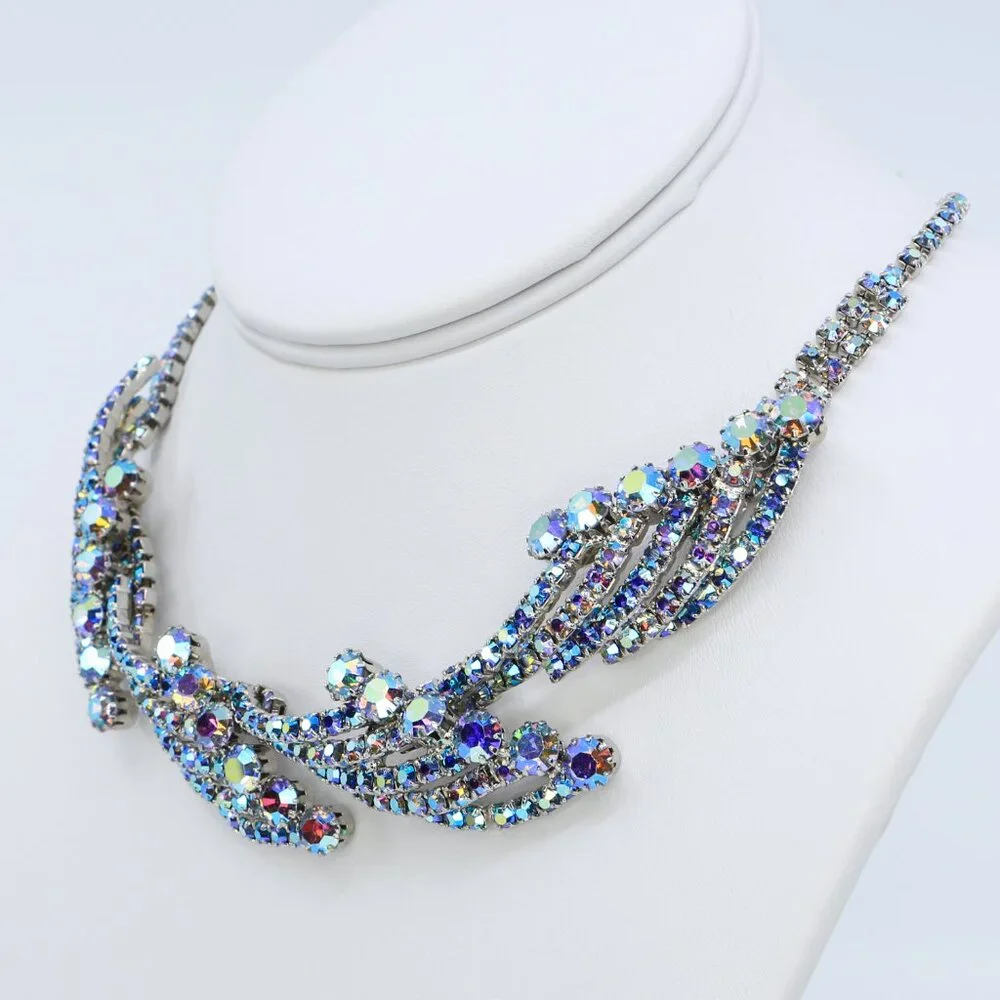 Vintage Rare Hobé Blue AB Rhinestones Sculptural‎ Spray and Waves Necklace 1950s